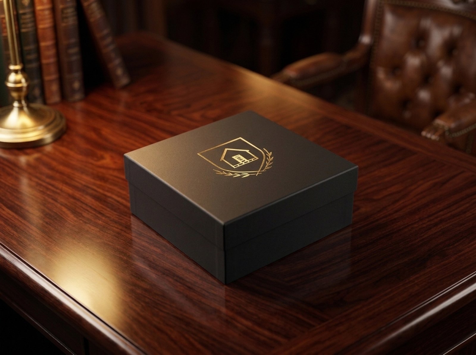 A black archival keepsake box embossed with the Legacy House Films crest, resting on a mahogany desk.