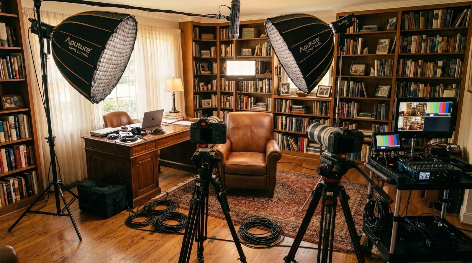 A home library set for a documentary interview — cameras, warm window light, and a leather chair waiting for its subject.