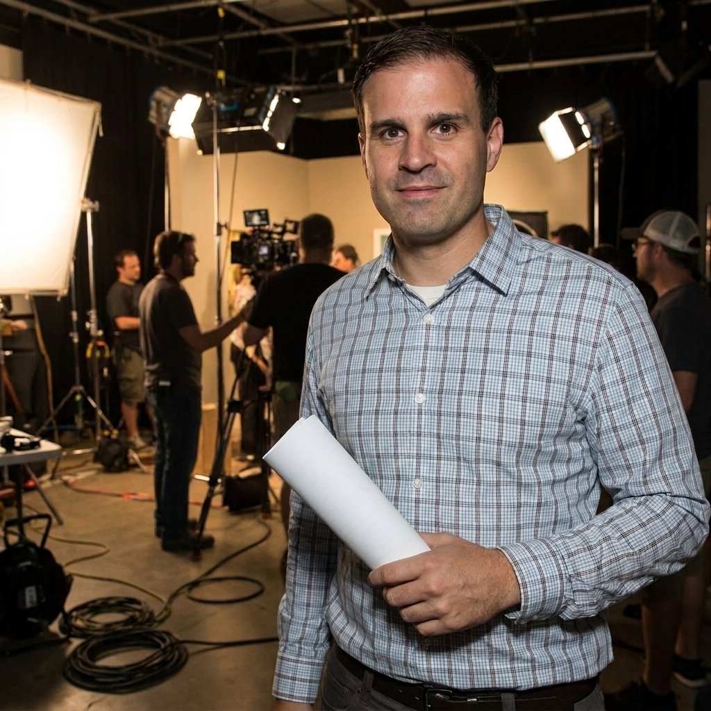 Michael James Nelson on a television production set, holding a script.