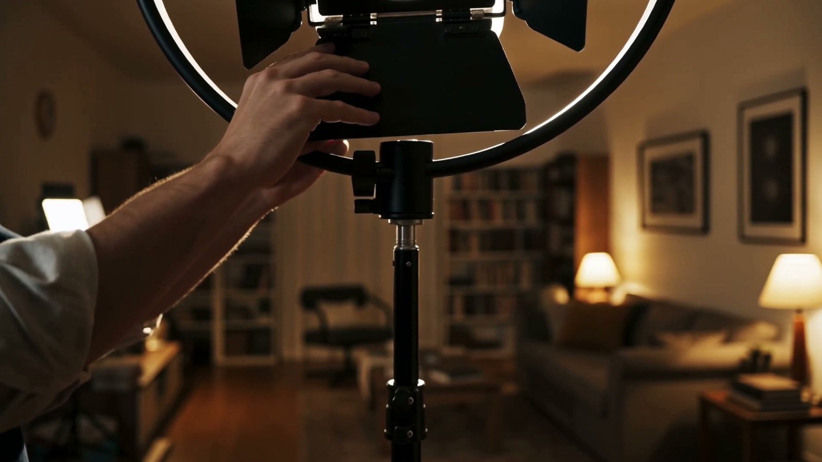 A crew member adjusting a studio light in a warmly lit living room ahead of filming.